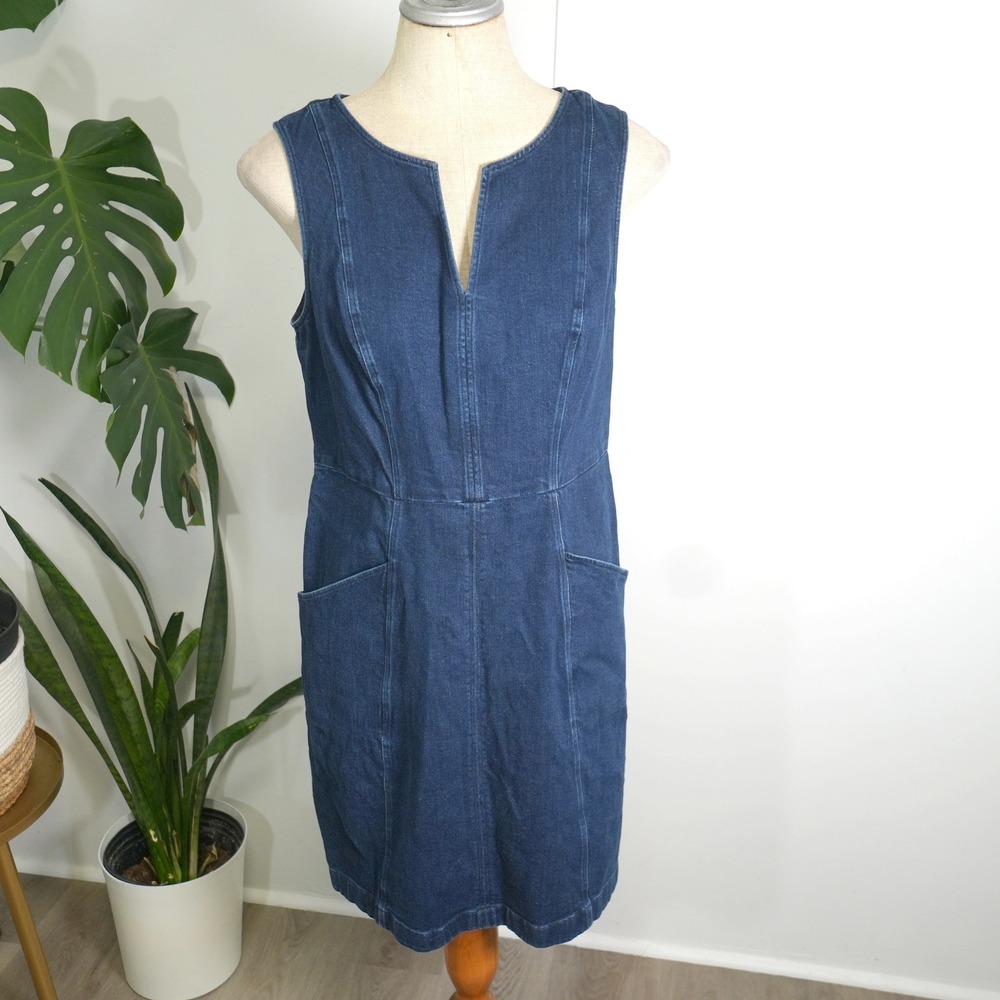 Boden Denim Shift Dress 8R Blue Dark Wash Notched V-Neck Sleeveless Pocket